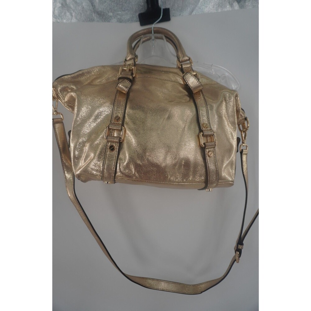 Michael Kors Metallic Gold Leather Satchel Crossbody Front Buckles MK Medallion - Picture 5 of 8